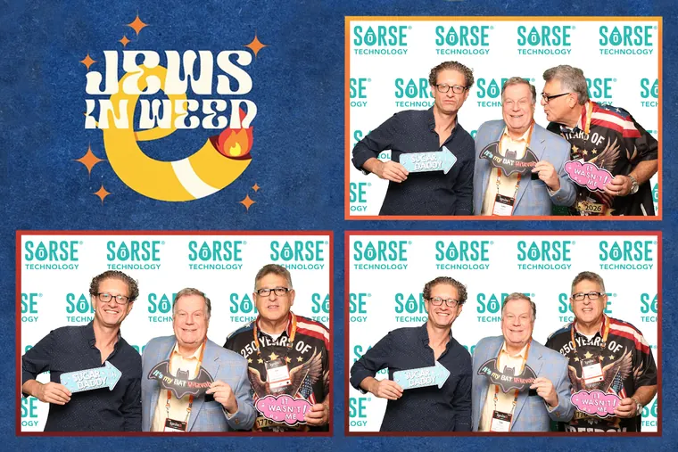 Photo booth strip of four guests holding props