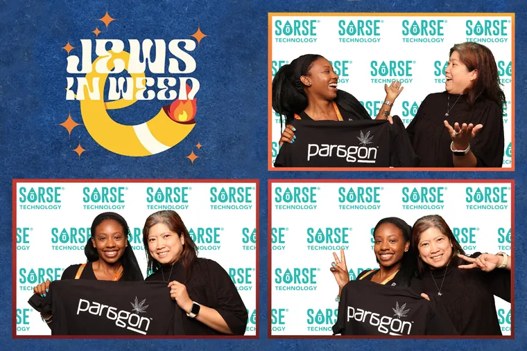 Photo booth strip of two guests in matching black shirts