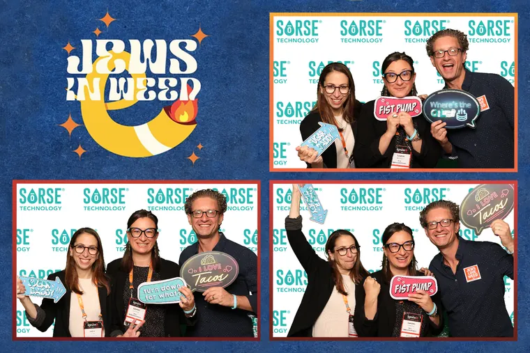 Photo booth strip of three guests with props