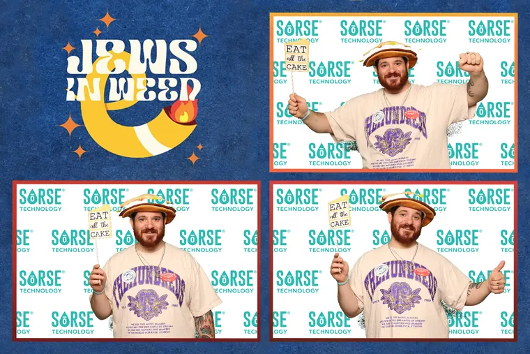 Photo booth strip of a guest in a hat holding a sign prop
