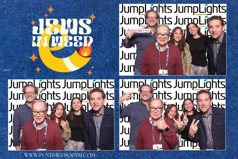 Photo booth strip of five guests in the Jews in Weed frame