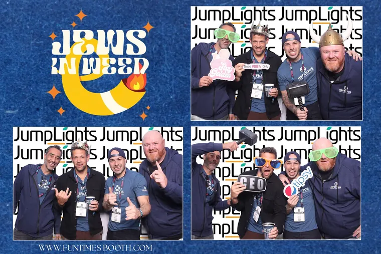 Photo booth strip of five guests hamming it up with props