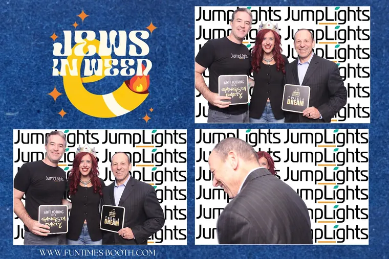 Photo booth strip of three guests holding prop signs