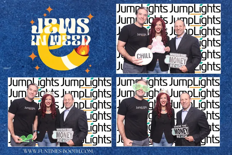 Photo booth strip of three guests with Chill and Money props