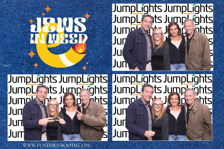 Photo booth strip of four guests in the Jews in Weed frame
