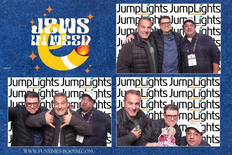 Photo booth strip of three friends with a pink prop sign