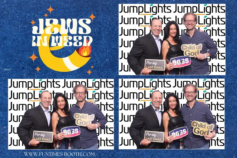Photo booth strip of three guests holding prop signs
