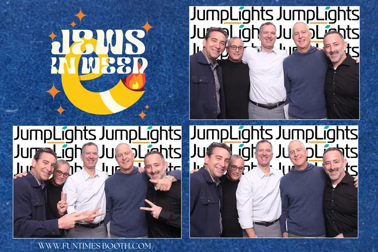 Photo booth strip of five guests in the Jews in Weed frame