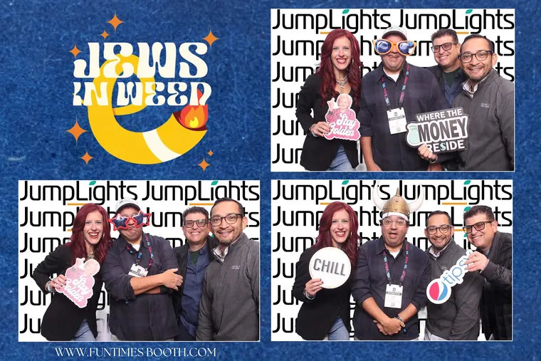 Photo booth strip of four guests with props and sunglasses