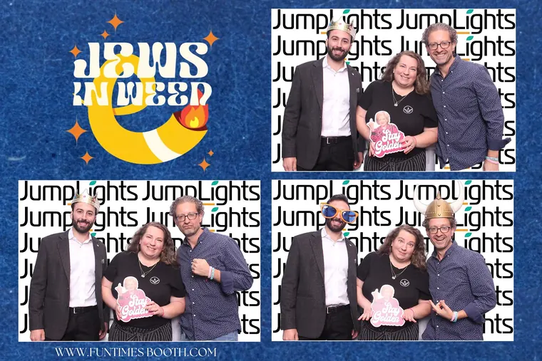 Photo booth strip of three guests with prop signs