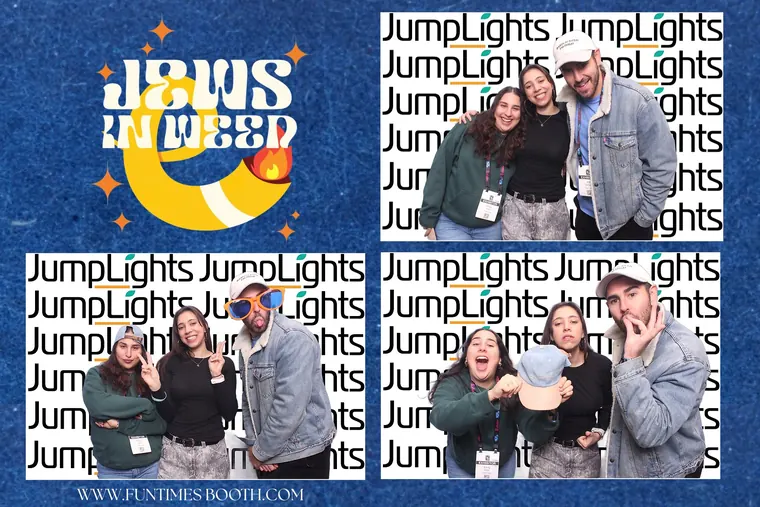 Photo booth strip of three guests with novelty glasses