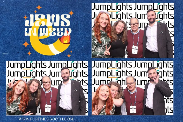 Photo booth strip of four guests in the Jews in Weed frame