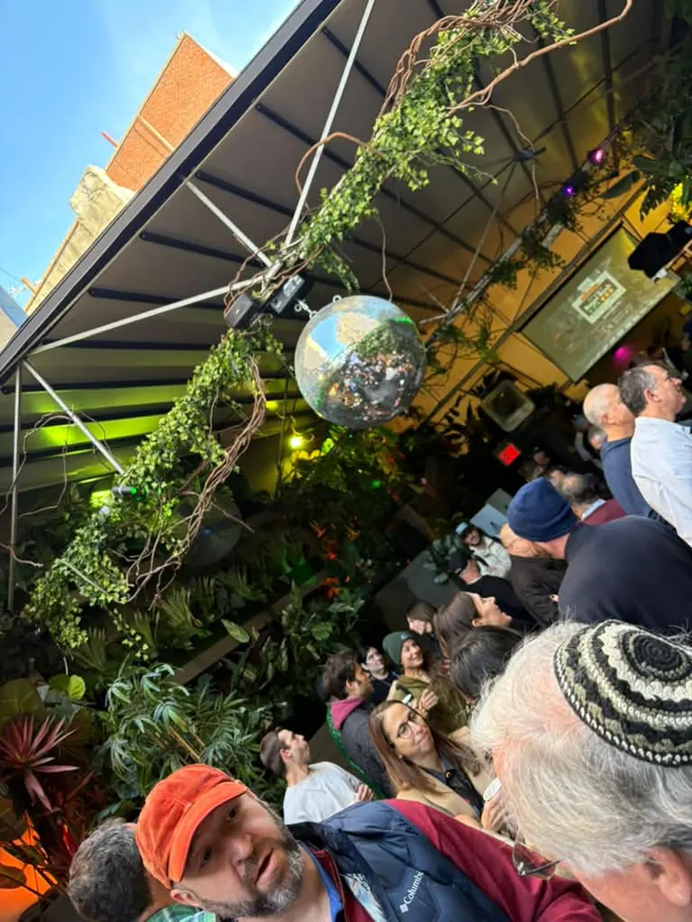 Looking up at the greenery and a disco ball over the crowd